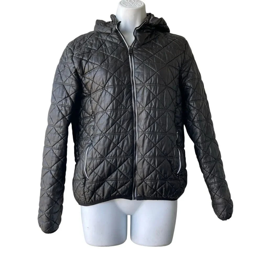 Roosevelt American College Quilted Leather Jacket Sz S Black Detachable Hoodie
